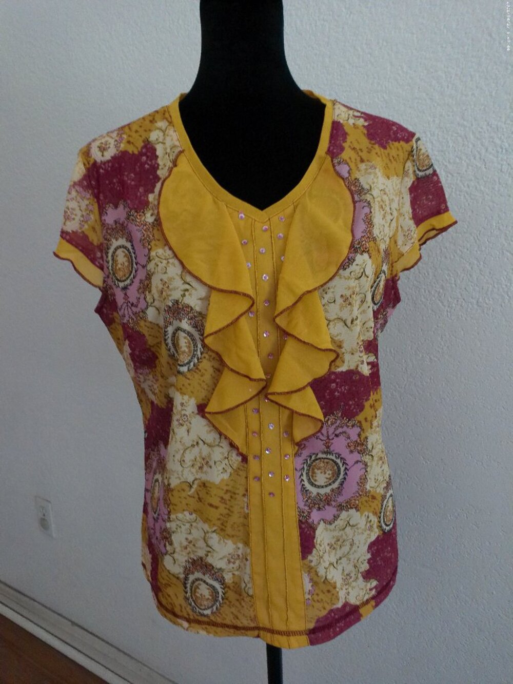 Oukayinu,  pink, yellow and red, v-neck, floral blouse with sequins design